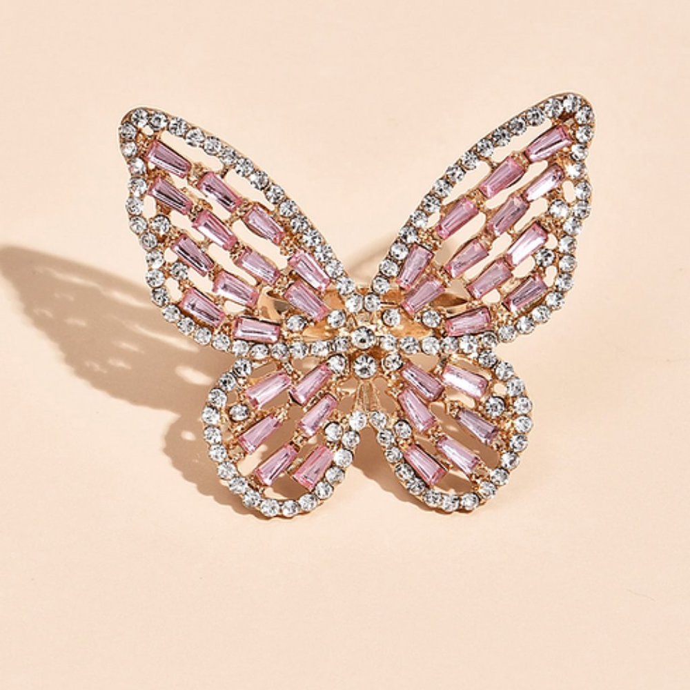 Large Baby Pink Rhinestone Butterfly Ring Adjustable Bling Pretty Gift‎ Luxury